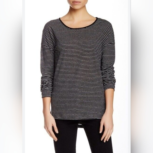 VINCE Linen Black & White Striped Long Sleeve Oversized Tee Womens Size Small - Picture 2 of 11